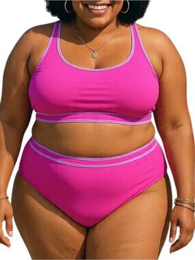BMJL Size 2XL Bikini Set Two Piece Sporty Neon Pink Lavender Trim High Waisted